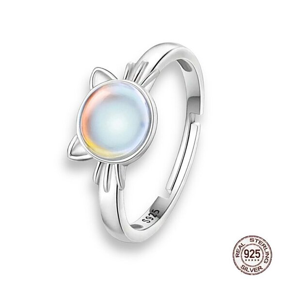 NWT S925 Sterling Silver Round Moonstone Cat Ring Adjustable Sz.6-8 - Picture 1 of 8
